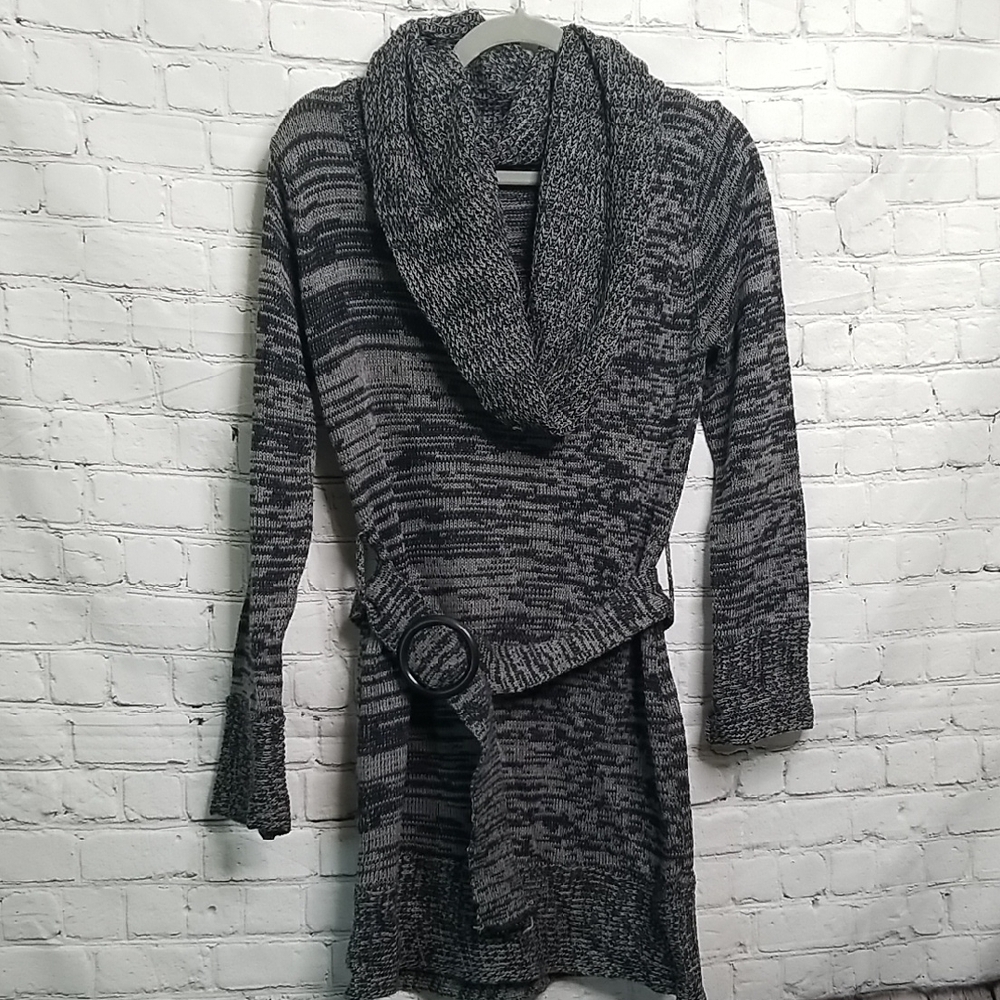 Chesley Gray Black Cowl Neck Belted Tunic Sweater Dress Medium